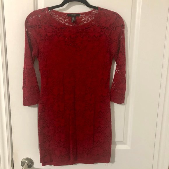 Red Floral Lace Bodycon Dress-Forever 21 - Picture 6 of 8